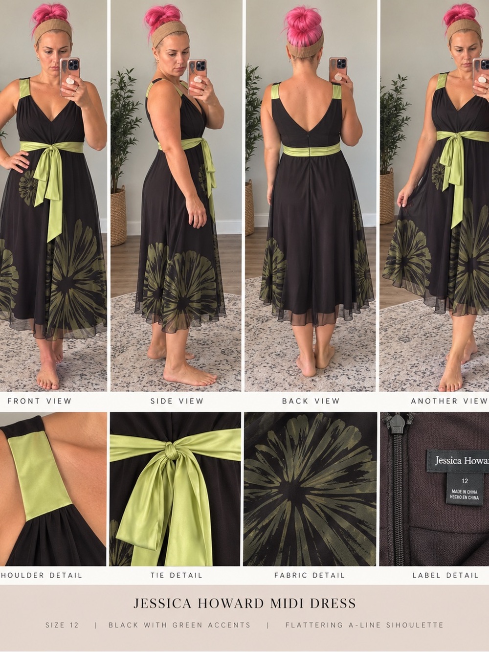 Jessica Howard Black Midi Dress with Green Accents and Floral Motif
